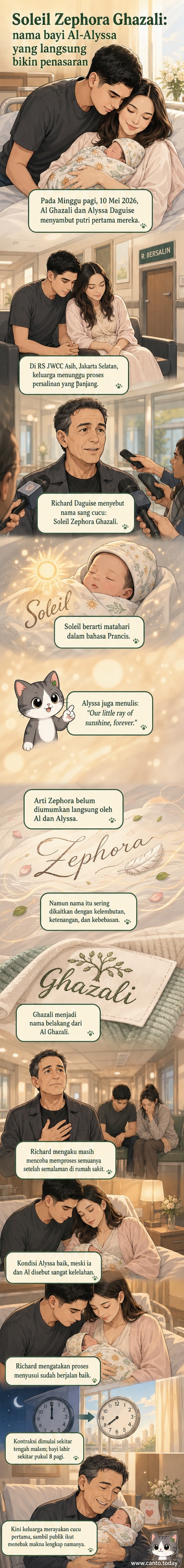 Ilustrasi bayi perempuan dengan nama Soleil Zephora Ghazali, putri pasangan Al Ghazali dan Alyssa Daguise, dengan elemen matahari dan angin lembut sebagai simbol arti namanya.