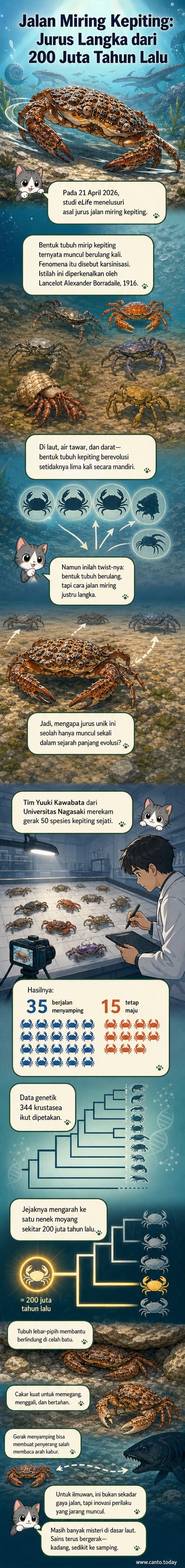 Ilustrasi kepiting berjalan miring di bebatuan pantai, dengan panah menunjukkan arah gerak horizontal dan siluet hewan lain yang menyerupai kepiting secara fisik tapi berjalan maju.
