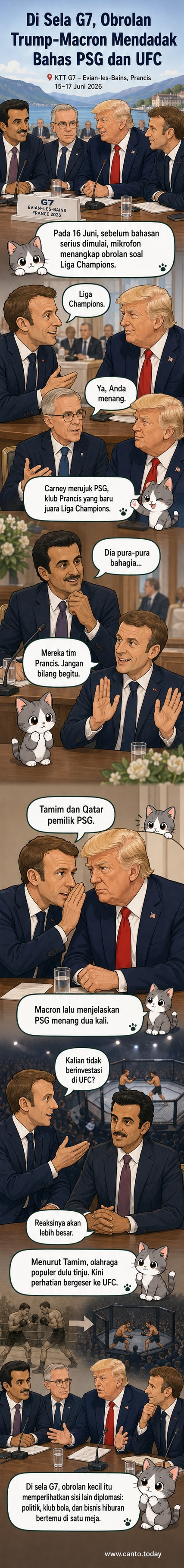 Ilustrasi pertemuan santai para pemimpin dunia di sela KTT G7, dengan latar belakang layar yang menampilkan logo Liga Champions dan UFC, sambil berbincang ringan.