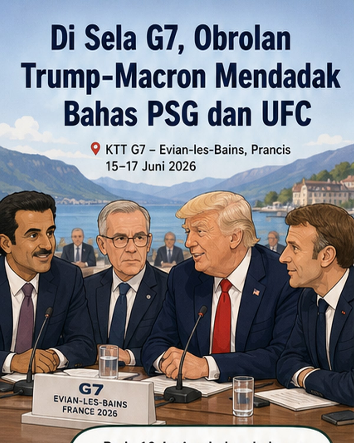 Ilustrasi pertemuan santai para pemimpin dunia di sela KTT G7, dengan latar belakang layar yang menampilkan logo Liga Champions dan UFC, sambil berbincang ringan.