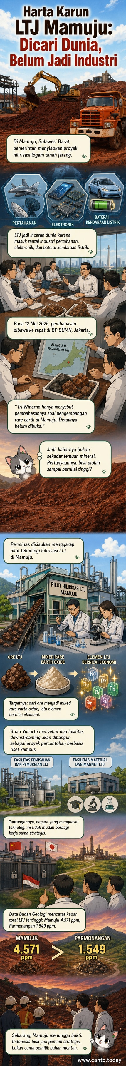Ilustrasi panel webtoon menunjukkan lokasi Mamuju di Sulawesi Barat dengan simbol logam tanah jarang dan fasilitas pengolahan modern, menggambarkan potensi strategis nasional.