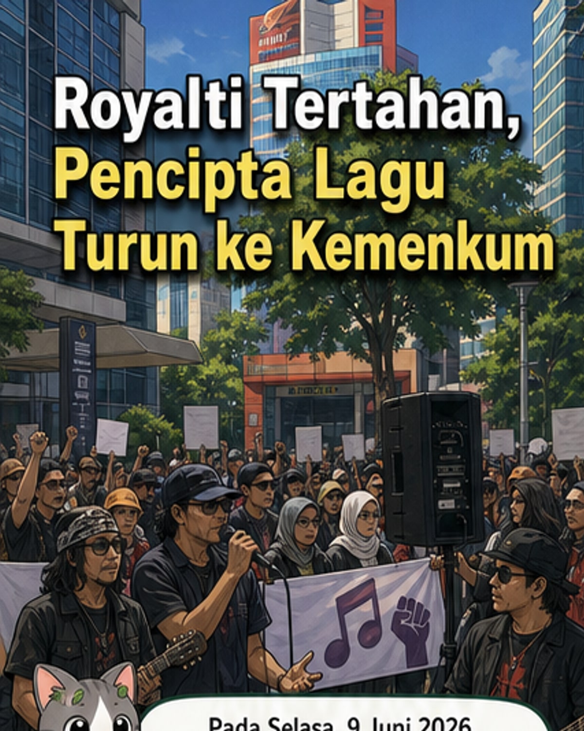 Ratusan pencipta lagu dan musisi berunjuk rasa di depan kantor Kemenkum dan LMKN di Kuningan, Jakarta Selatan, menuntut kejelasan distribusi royalti dan pencabutan surat edaran yang dinilai merugikan.