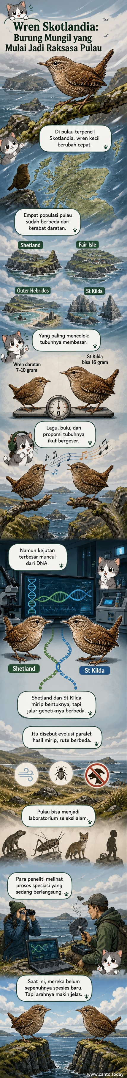 Ilustrasi burung wren kecil di samping versi pulau yang lebih besar, menunjukkan perbandingan ukuran tubuh dan habitat terpencil berangin di Skotlandia.