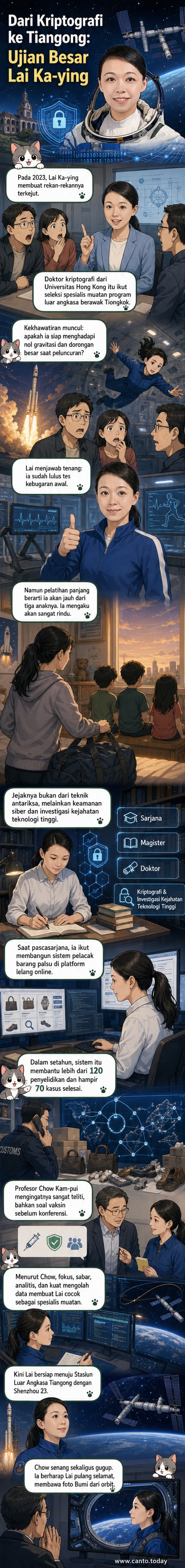 Ilustrasi Lai Ka-ying, seorang ilmuwan kriptografi dari Hong Kong, mengenakan seragam astronot di depan pesawat ruang angkasa Shenzhou 23, dengan latar Stasiun Luar Angkasa Tiangong dan Bumi dari orbit.