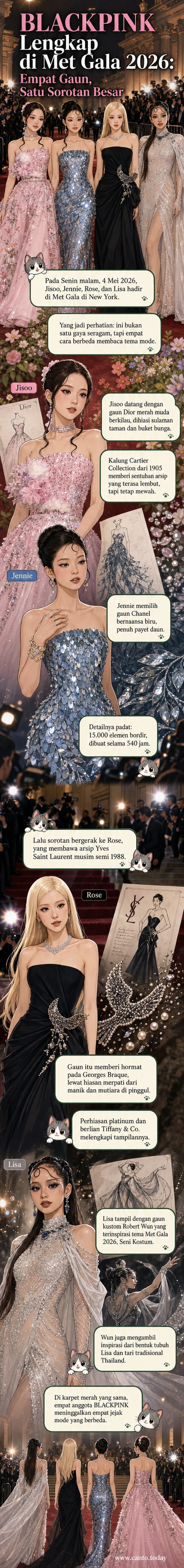 Empat anggota BLACKPINK—Jisoo, Jennie, Rosé, dan Lisa—berdiri di karpet merah Met Gala 2026, masing-masing mengenakan gaun haute couture dari Dior, Chanel, Saint Laurent, dan Robert Wun, dengan latar Metropolitan Museum of Art di malam hari.