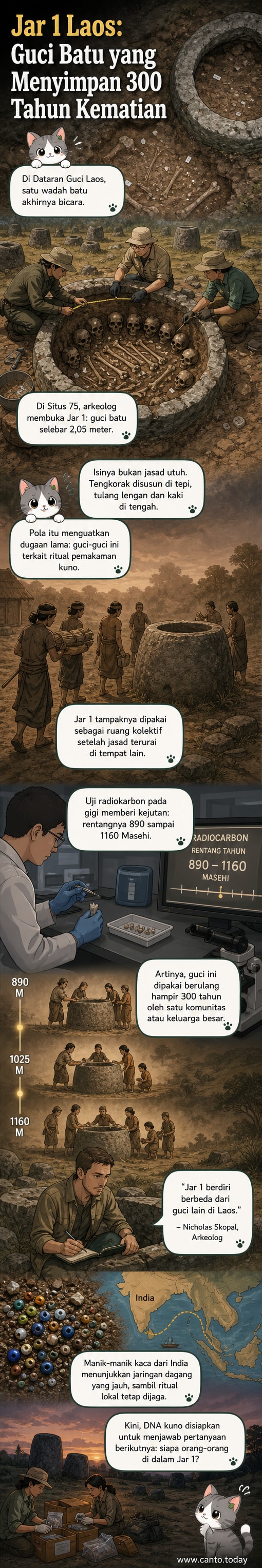 Ilustrasi guci batu raksasa dari Plain of Jars, Laos, dengan tengkorak tersusun rapi di tepi dalam dan tulang panjang di tengah, dikelilingi manik-manik kaca berwarna-warni.