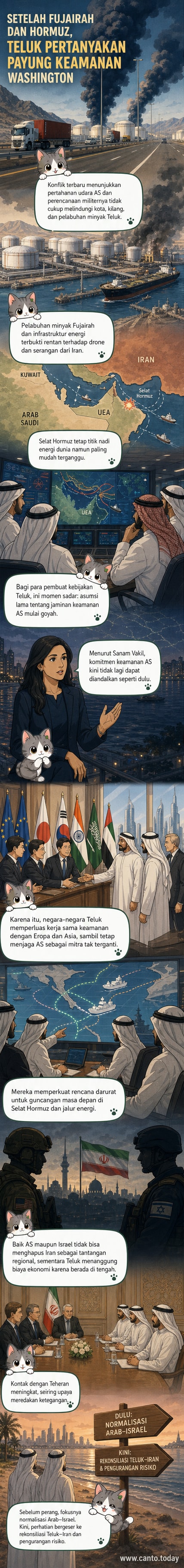 Ilustrasi konflik di Teluk Persia dengan kapal perang, drone, dan jalur pelayaran strategis di Selat Hormuz, menunjukkan pergeseran aliansi keamanan negara-negara kawasan.