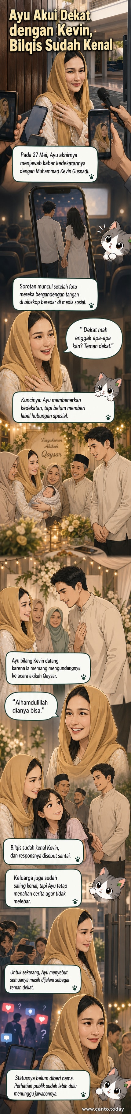 Ilustrasi Ayu Ting Ting dan Kevin Gusnadi berdiri berdampingan dengan latar belakang bioskop dan rumah, dengan Bilqis kecil di samping Ayu