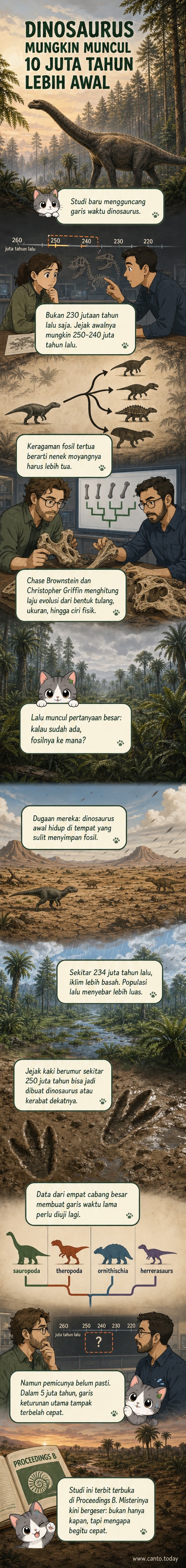 Ilustrasi dinosaurus purba berjalan di lanskap Trias, dengan latar belakang Pangea dan langit jingga, disertai jejak kaki fosil di tanah.