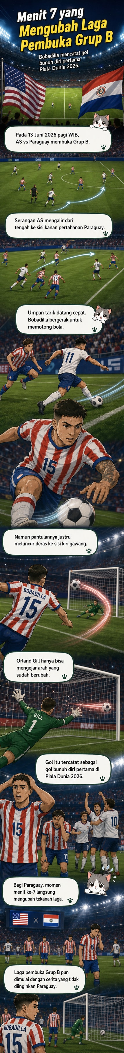 Ilustrasi Damian Bobadilla dalam seragam Paraguay terlihat terkejut setelah bola hasil cekatannya masuk ke gawang sendiri di Stadion Los Angeles.