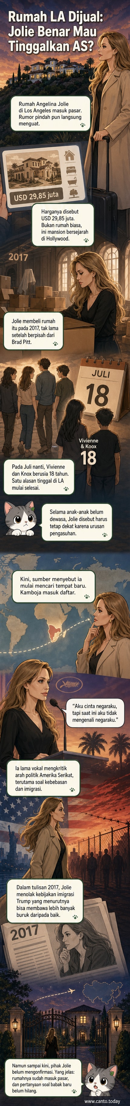 Ilustrasi rumah mewah di Los Angeles dengan pemandangan pegunungan, digambarkan sebagai rumah Angelina Jolie yang kini dijual, dengan simbol pesawat terbang kecil mengarah ke Kamboja di latar belakang.