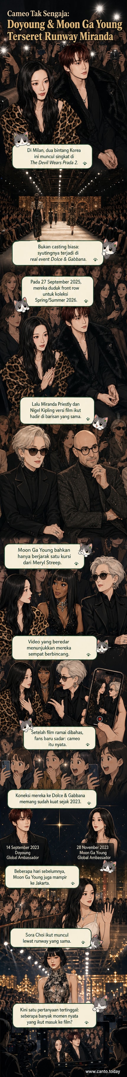 Ilustrasi Doyoung NCT dan Moon Ga Young duduk di front row fashion show, dengan latar belakang Meryl Streep dan Naomi Campbell di peragaan Dolce & Gabbana.