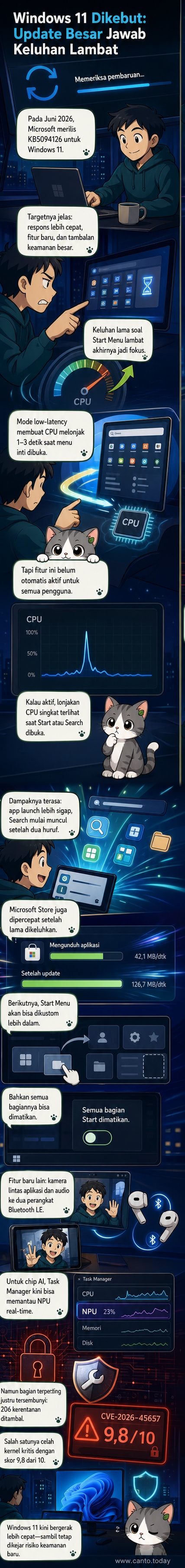 Ilustrasi antarmuka Windows 11 dengan animasi cepat membuka Start Menu, diiringi indikator kecepatan CPU dan perisai keamanan.