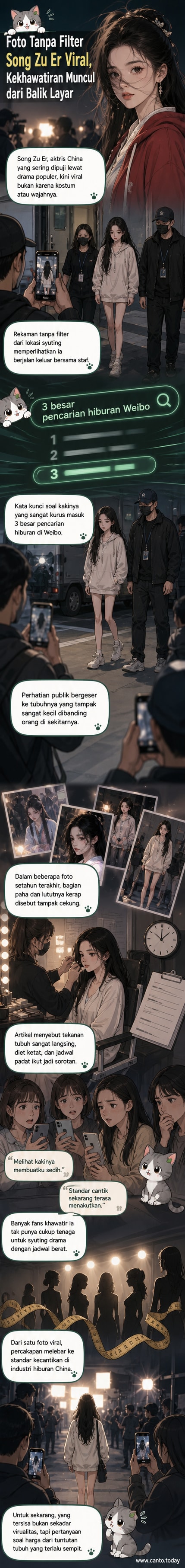 Foto viral aktris China Song Zu Er tanpa edit menunjukkan kaki dan paha yang sangat kurus saat berjalan keluar dari lokasi syuting, memicu kekhawatiran kesehatan.
