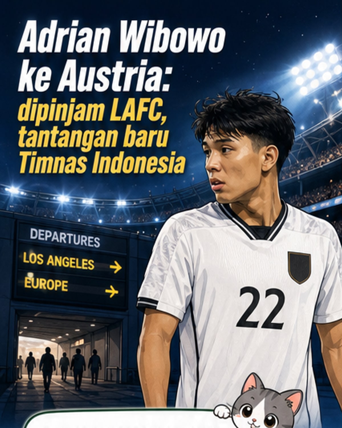 Ilustrasi pemain muda Adrian Wibowo mengenakan seragam FC Wacker Innsbruck di tengah lapangan sepak bola Eropa, dengan latar belakang stadion kecil penuh penonton.