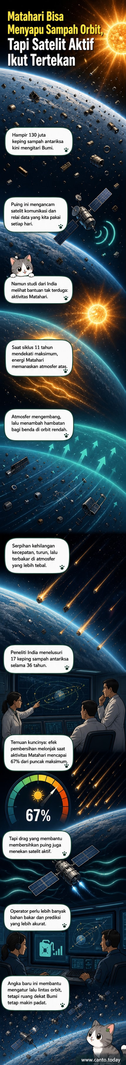 Ilustrasi Matahari memancarkan energi yang menyebabkan atmosfer Bumi mengembang, menarik puing-puing antariksa jatuh dan terbakar di orbit rendah.