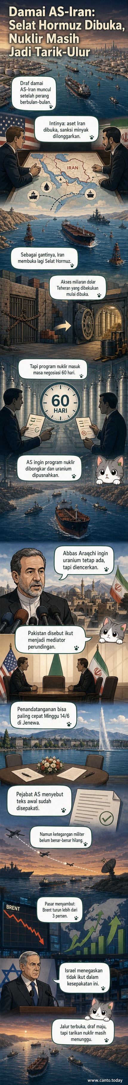 Ilustrasi dua tangan bersalaman di atas peta Timur Tengah dengan latar belakang Selat Hormuz dan simbol nuklir yang redup.
