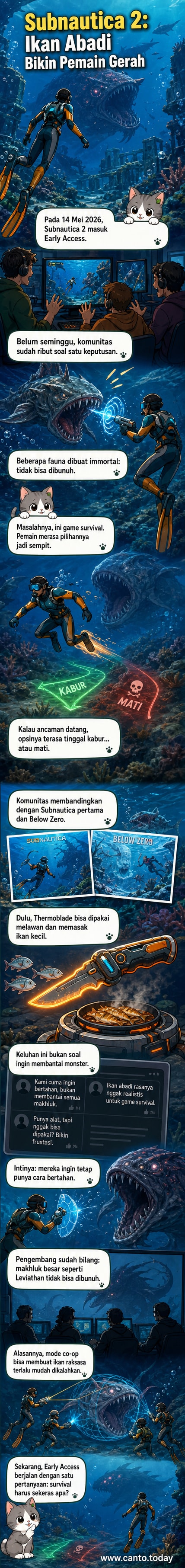 Ilustrasi pemain Subnautica 2 menghadapi ikan besar bawah laut yang tidak bisa dibunuh, dengan latar kapal selam dan ekspresi ketakutan.