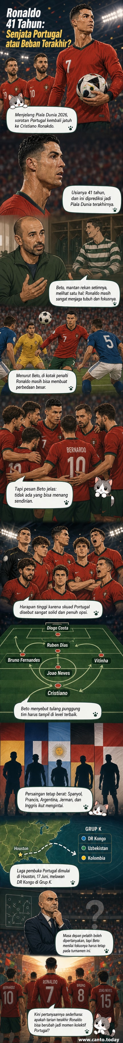 Ilustrasi Cristiano Ronaldo berdiri di tengah lapangan dengan kostum timnas Portugal, latar belakang stadion penuh penonton dan bendera Piala Dunia.