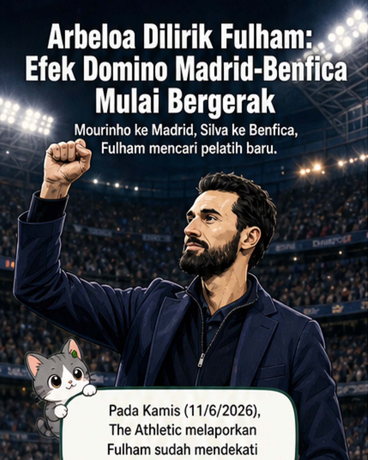 Ilustrasi Alvaro Arbeloa di samping logo Real Madrid, Benfica, dan Fulham, menunjukkan rantai pergantian pelatih antar klub.