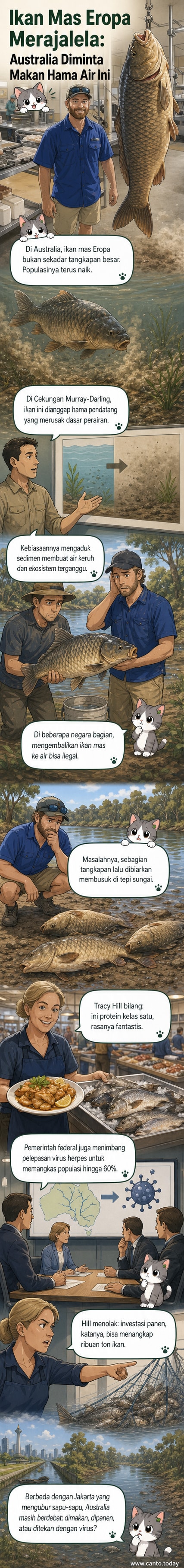 Ilustrasi ikan mas berenang di sungai keruh dengan latar belakang ekosistem perairan Australia yang terganggu.