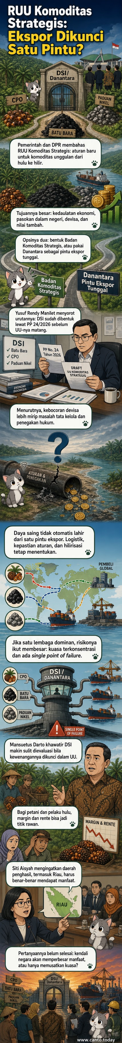 Ilustrasi gedung DPR dan gudang komoditas dengan tanda tanya besar, menggambarkan ketegangan antara kebijakan ekspor tunggal dan manfaat bagi petani serta daerah penghasil.