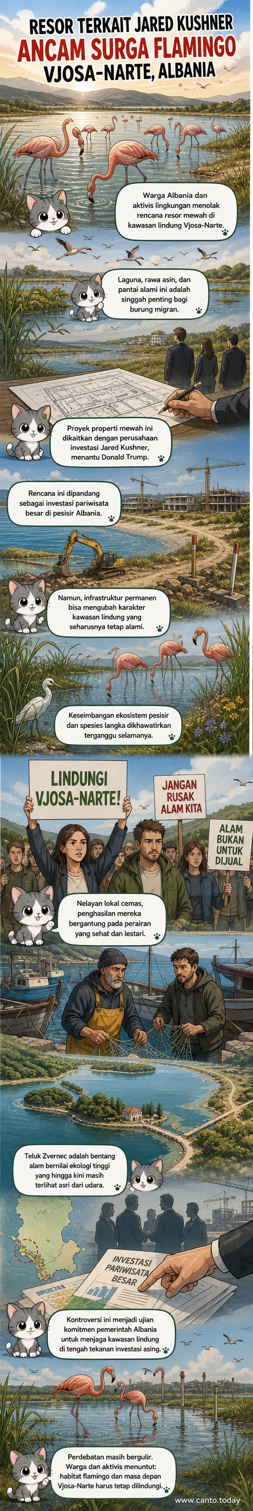 Ilustrasi resor mewah di tepi pantai dengan burung flamingo terbang di latar belakang, menggambarkan konflik antara pembangunan dan pelestarian alam di Vjosa-Narte, Albania.