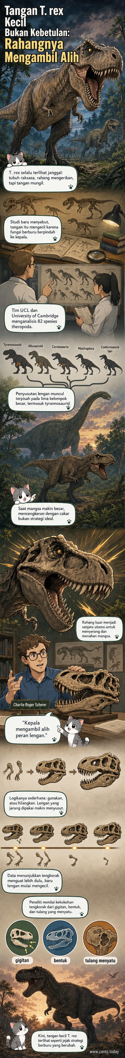 Ilustrasi T.rex dengan rahang besar dan tangan kecil, menunjukkan evolusi adaptif dari cakar ke mulut sebagai alat berburu.