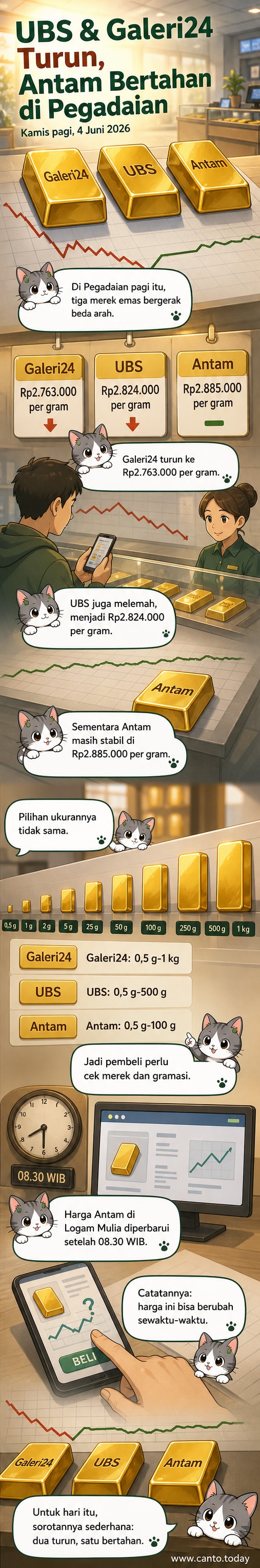 Grafik perbandingan harga emas UBS, Galeri24, dan Antam per 4 Juni 2026, menunjukkan penurunan UBS dan Galeri24 sementara Antam stabil.