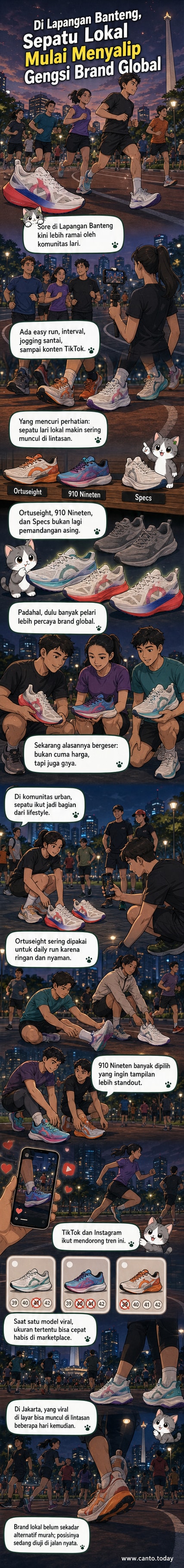 Ilustrasi pelari muda di Lapangan Banteng memakai sepatu lokal warna-warni, dengan latar belakang komunitas dan ponsel yang menampilkan FYP TikTok.