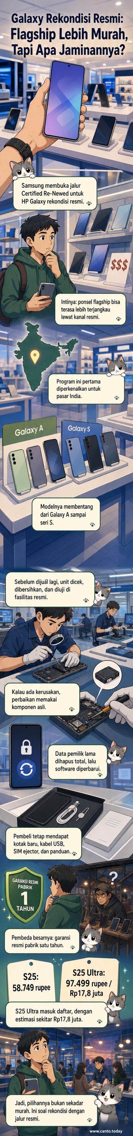 Ilustrasi ponsel Samsung Galaxy S25 Ultra dan A56 5G dalam kemasan baru dengan logo 'Certified Re-Newed' dan stempel garansi resmi.