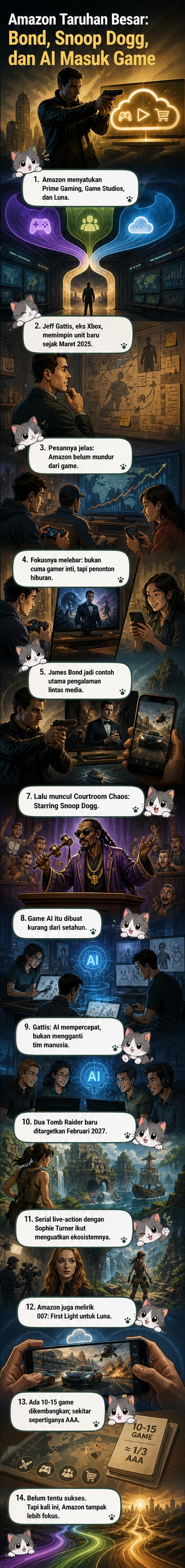 Ilustrasi karakter James Bond, Snoop Dogg, dan Lara Croft berdiri bersama di depan logo Amazon, menggambarkan kolaborasi lintas media dalam ekosistem gaming baru.