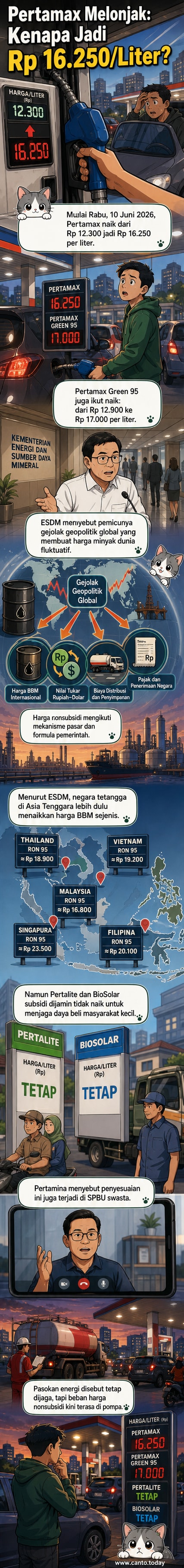 Ilustrasi pompa bensin dengan harga Pertamax terpampang naik ke Rp16.250 per liter, latar belakang suasana kota dan kendaraan.
