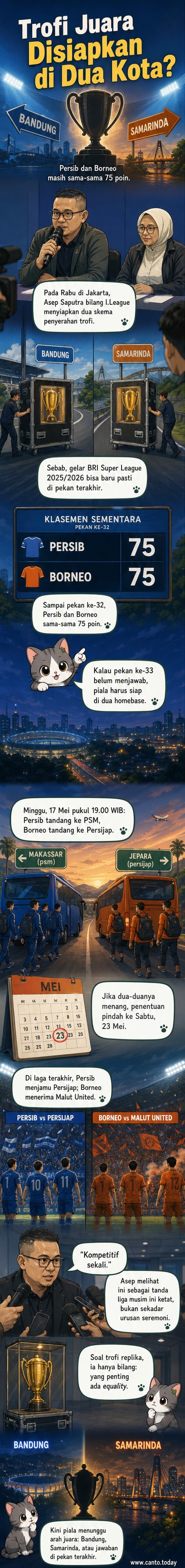 Ilustrasi dua trofi sepak bola diletakkan di dua kota berbeda, Bandung dan Samarinda, dengan latar stadion dan jersey tim Persib serta Borneo FC, menggambarkan persaingan ketat memperebutkan gelar juara BRI Super League.