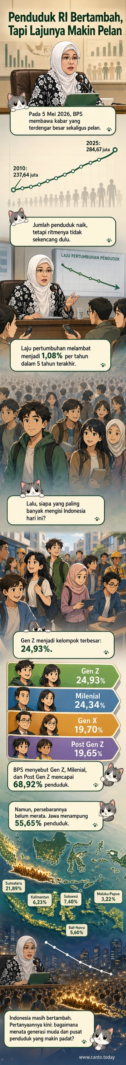 Ilustrasi piramida penduduk Indonesia dengan Gen Z sebagai kelompok terbesar, latar belakang peta Indonesia yang menunjukkan konsentrasi penduduk di Jawa