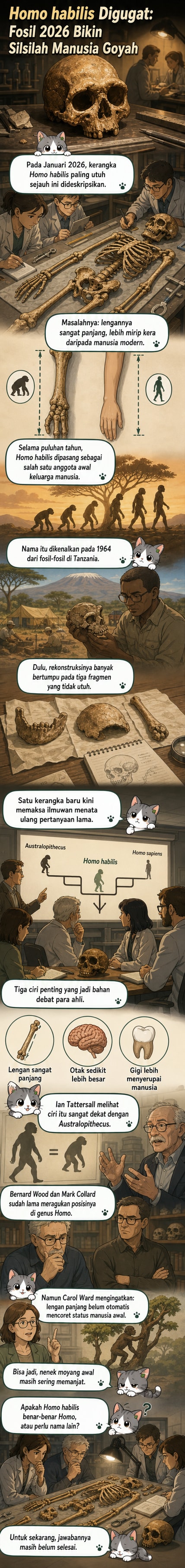 Ilustrasi perbandingan anatomi lengan Homo habilis dan manusia modern, menunjukkan perbedaan panjang lengan yang mencolok.