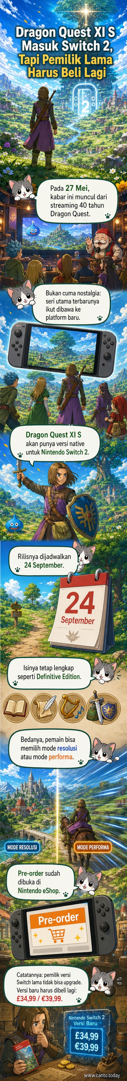 Ilustrasi karakter utama Dragon Quest XI S berdiri di dataran luas dengan latar langit dramatis, di bawah logo Nintendo Switch 2 dan judul game.