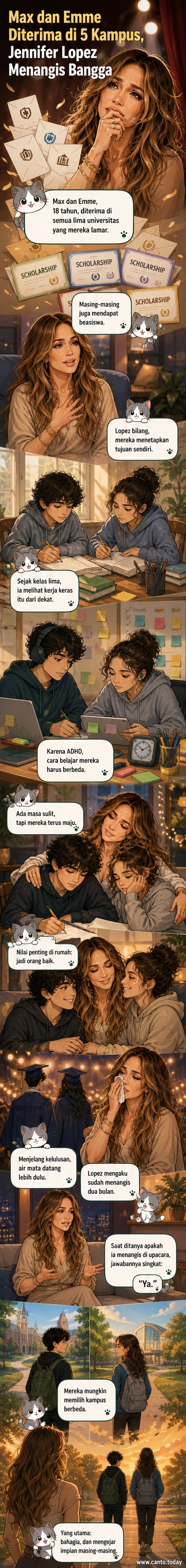 Ilustrasi keluarga Jennifer Lopez dengan anak kembarnya, Max dan Emme, di depan gedung kampus dengan latar kebanggaan dan haru.