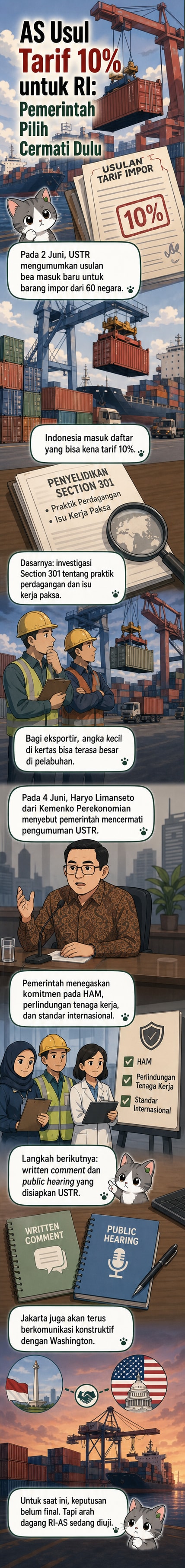 Ilustrasi dua negara bertransaksi dagang dengan simbol tarif dan dokumen hukum, latar belakang bendera Indonesia dan Amerika Serikat.