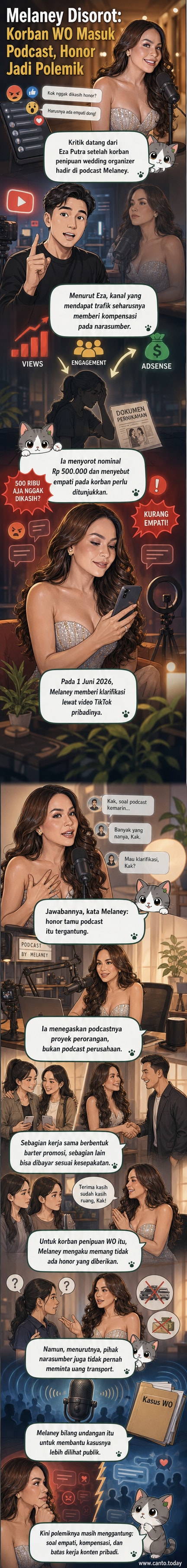 Presenter Melaney Ricardo berbicara di depan kamera menjelaskan kebijakan honor narasumber podcast-nya.