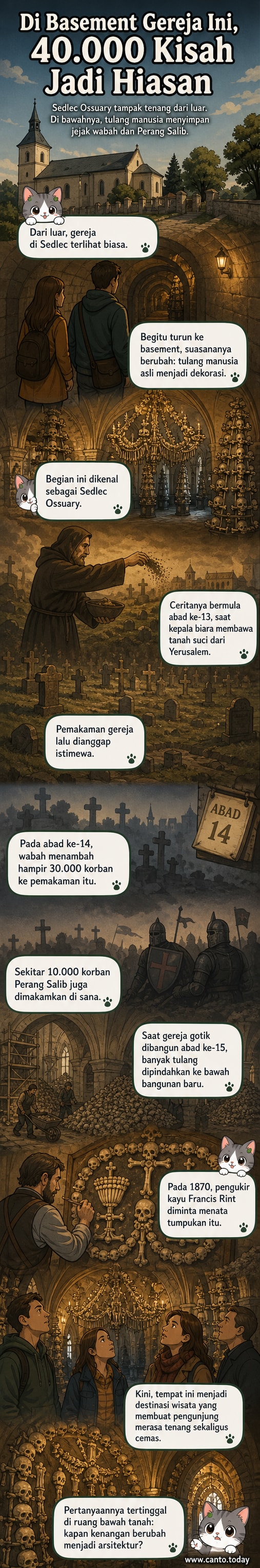 Interior ruang bawah tanah gereja dengan dekorasi dari tulang manusia yang disusun rapi menjadi ornamen dan lambang keluarga.