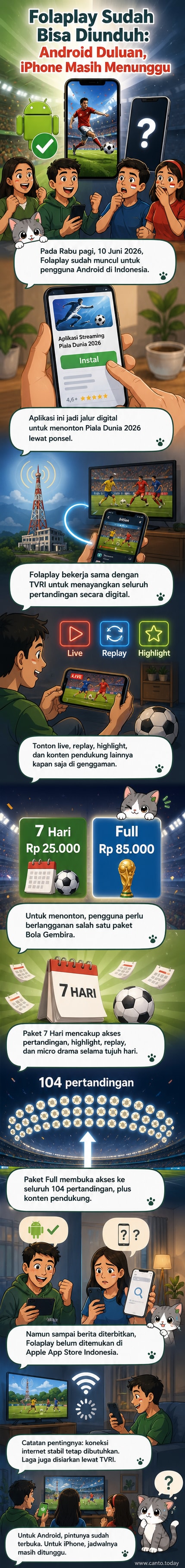 Ilustrasi ponsel dengan aplikasi Folaplay terbuka, menampilkan logo Piala Dunia 2026 dan tombol tonton
