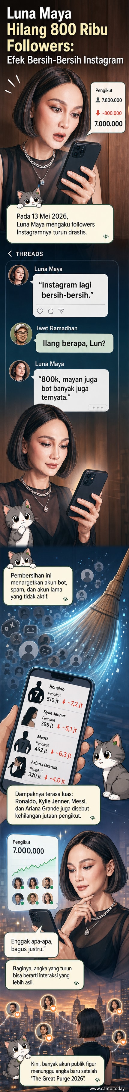 Ilustrasi selebriti melihat layar ponsel dengan grafik followers turun tajam, latar belakang ikon media sosial dan tanda peringatan bot.