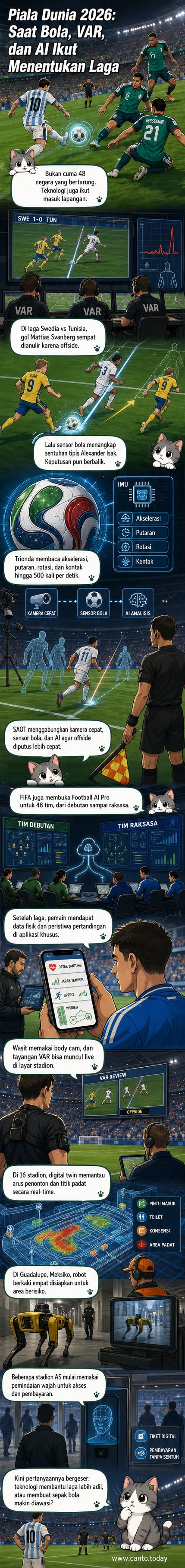 Ilustrasi bola sepak futuristik dengan sensor, wasit memakai kamera tubuh, dan robot anjing berjaga di stadion, menggambarkan integrasi teknologi di Piala Dunia 2026.
