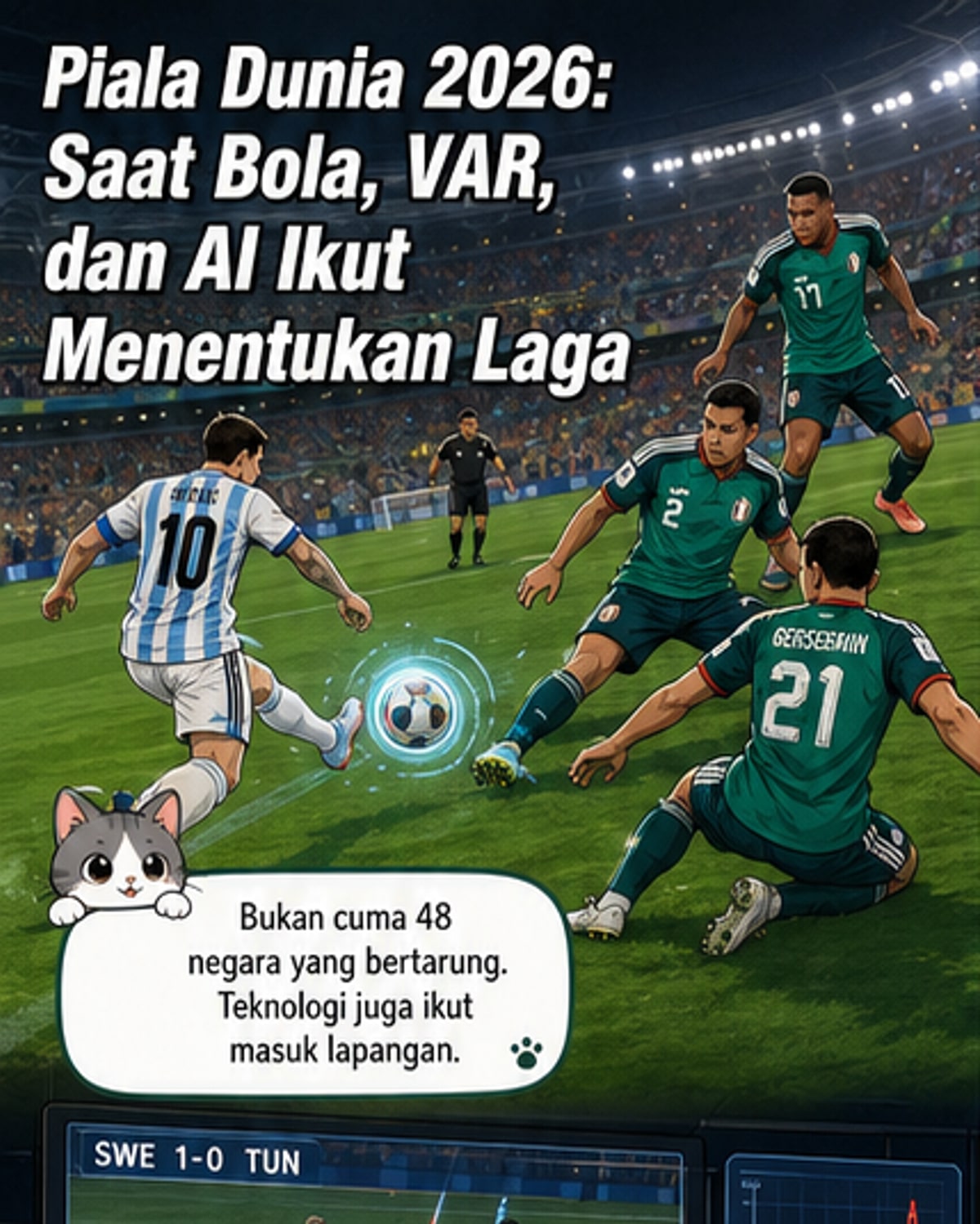 Ilustrasi bola sepak futuristik dengan sensor, wasit memakai kamera tubuh, dan robot anjing berjaga di stadion, menggambarkan integrasi teknologi di Piala Dunia 2026.