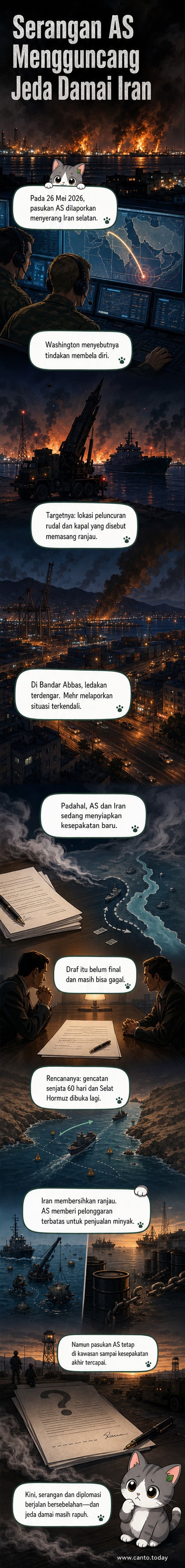 Ilustrasi kapal perang dan rudal dengan latar kota pelabuhan, mewakili konflik militer AS-Iran di Selat Hormuz.