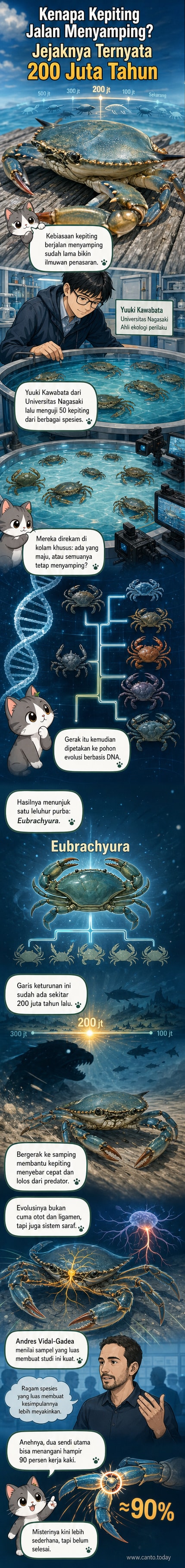 Ilustrasi kepiting berjalan menyamping di tepi pantai, dengan latar belakang pohon evolusi dan silsilah spesies.