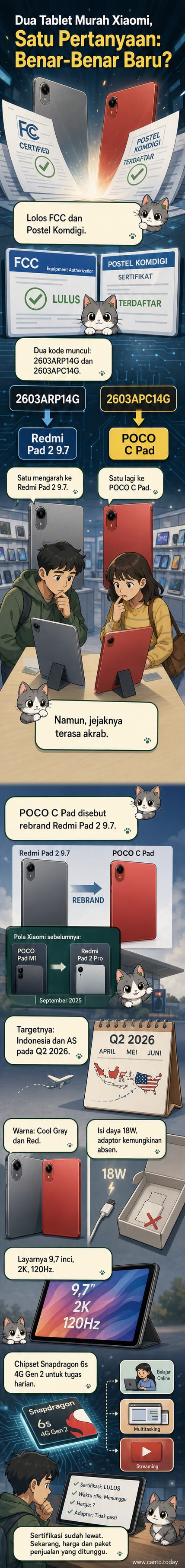 Ilustrasi dua tablet Xiaomi, Redmi Pad 2 dan POCO C Pad, dengan layar menyala menunjukkan antarmuka bersih dan warna bodi eksklusif Pantone Cool Gray dan Red.