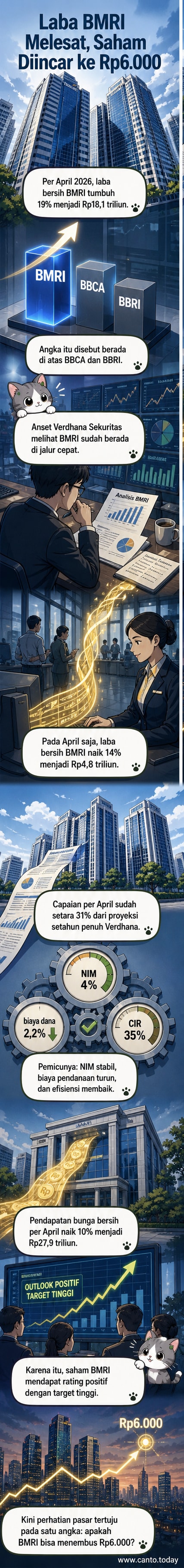 Gedung kantor pusat Bank Mandiri dengan logo perusahaan, latar belakang langit biru, simbol kinerja keuangan positif