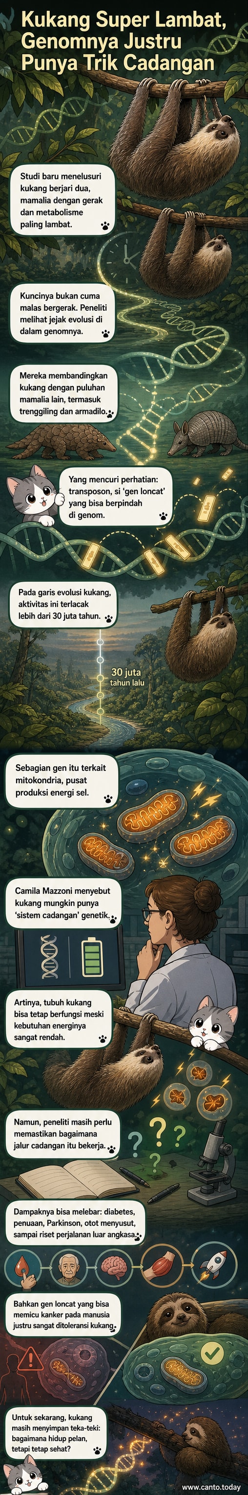 Ilustrasi kukang bergantung di cabang pohon dengan latar hutan, disertai elemen DNA dan ikon energi rendah.
